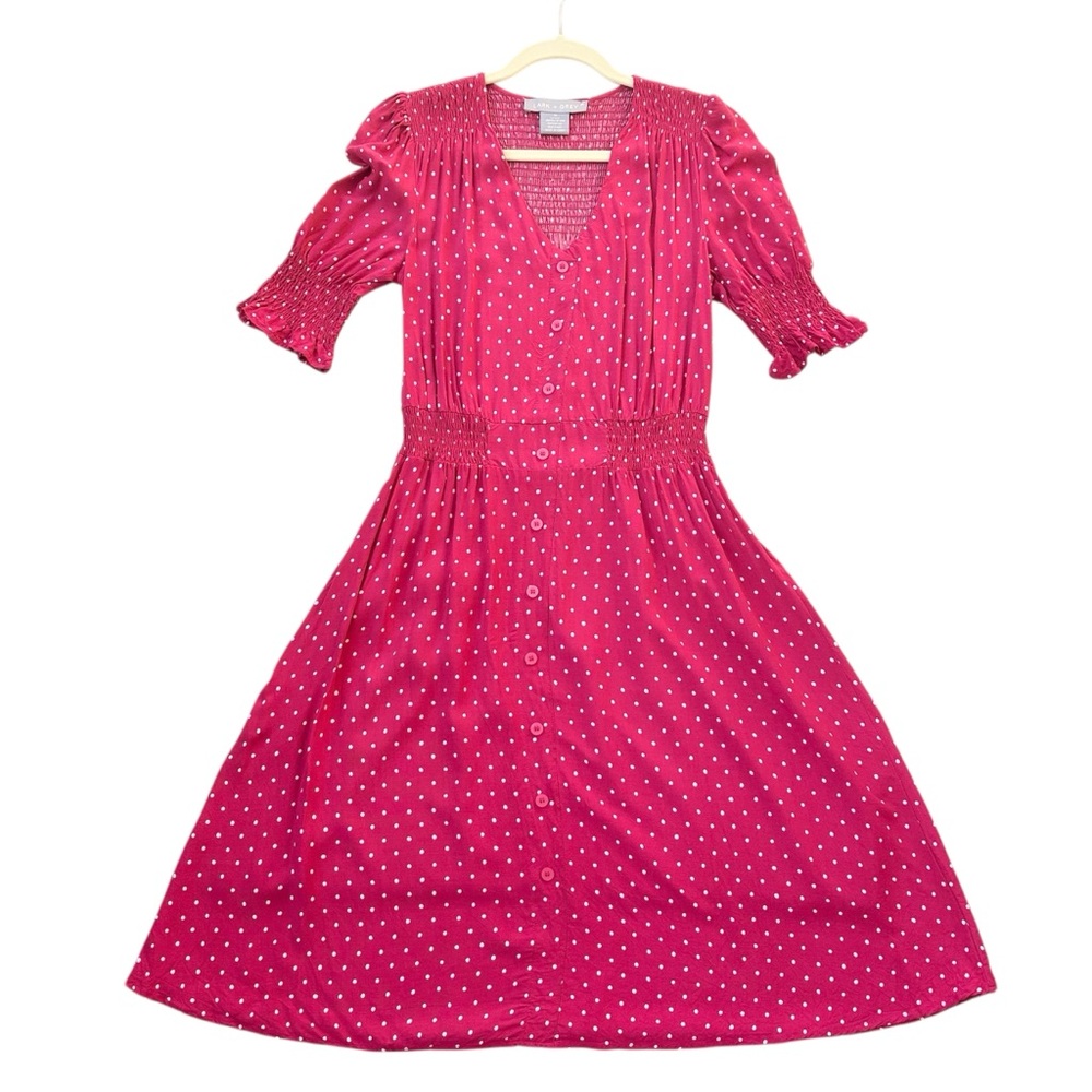 Pink Polka Dot Button-Front Midi Dress